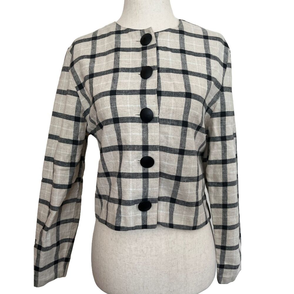 VTG 90s Plaid Linen Blazer – Minimalist Preppy Cropped Jacket – Mid Century Mod